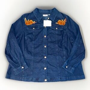 NWT Quaker Factory Denim Embroidered Pumpkin Long Sleeve ButtonUp Shirt Size 2XL